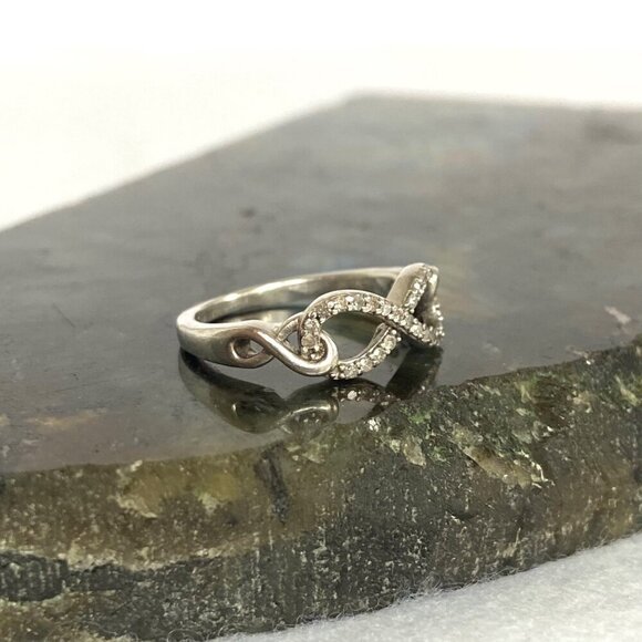 Sterling Silver 925 Dainty Round Diamond Infinity Symbol Band Ring Sz 4.75 - Picture 11 of 16